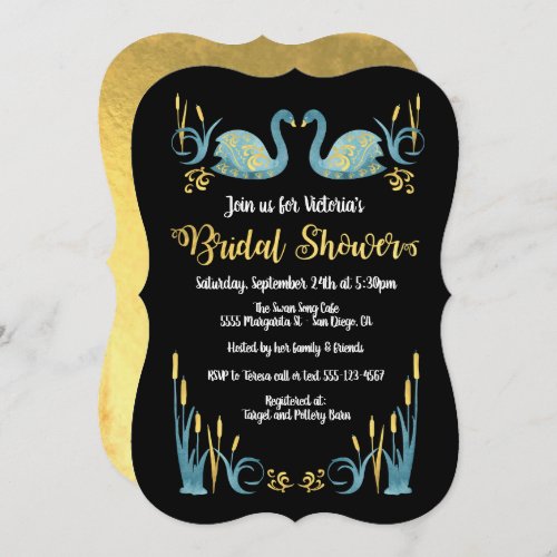 Golden watercolor Swans Bridal Shower Invitation