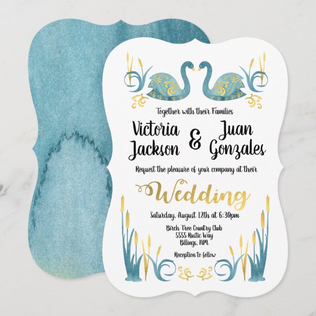 Golden watercolor Swans Wedding Invitations (Front/Back)