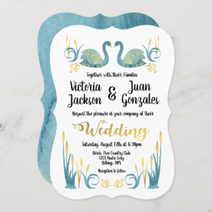 Golden watercolor Swans Wedding Invitations
