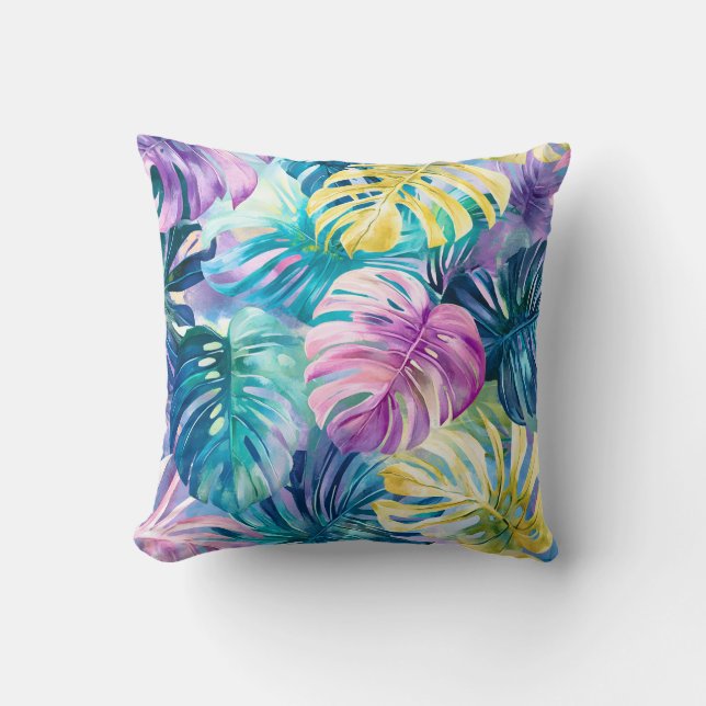Golden Watercolor Tropical Leaves Paradise Throw Pillow (Front)