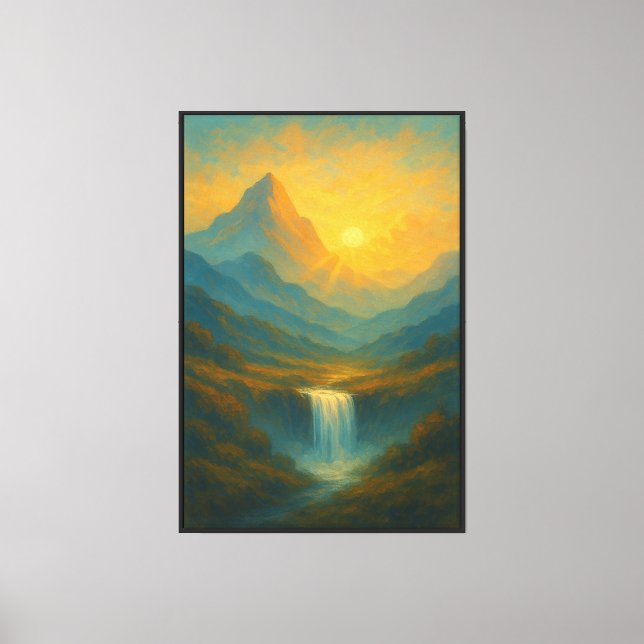 Golden Waterfall Mountain Landscape Wall Art (Front)