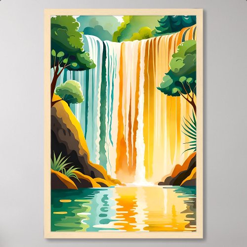 Golden Waterfall Painting with Rocky Surrounding Poster