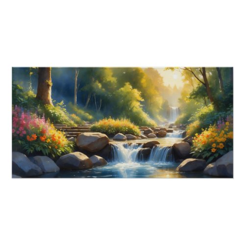 Golden Waterfall with Meadow Flowers Poster