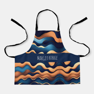 Golden Wave Blue Watercolor Abstract Pattern Apron
