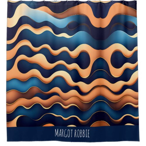 Golden Wave Blue Watercolor Abstract Pattern Shower Curtain