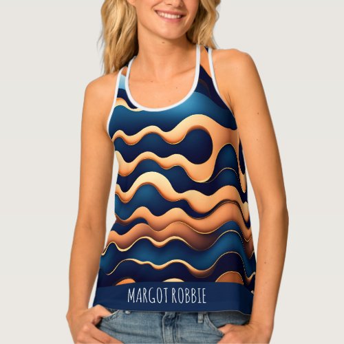 Golden Wave Blue Watercolor Abstract Pattern Tank Top