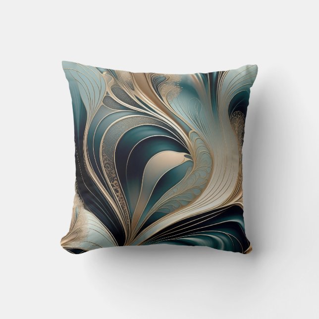 Golden Wave - Teal and Gold Abstract Art Throw Pillow (Front)