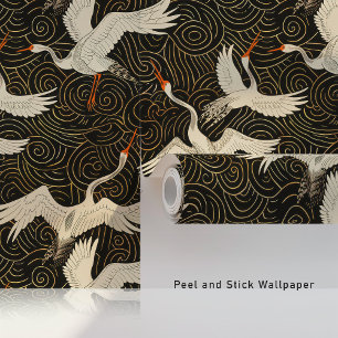 Golden Waves and Graceful Cranes Wallpaper