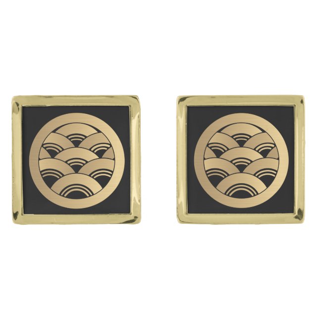 Golden Waves Japanese Kamon Cufflinks (Front)