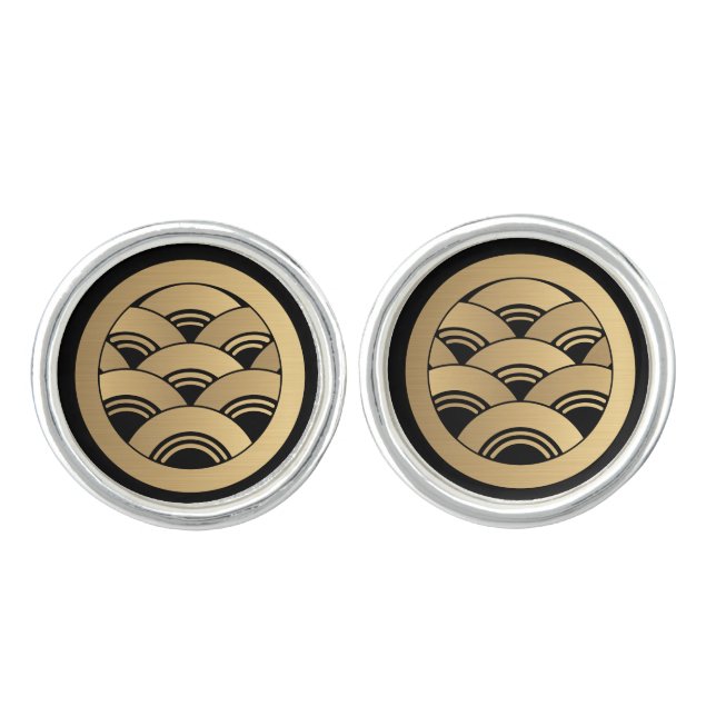 Golden Waves Japanese Kamon Faux Gold Cufflinks (Front)
