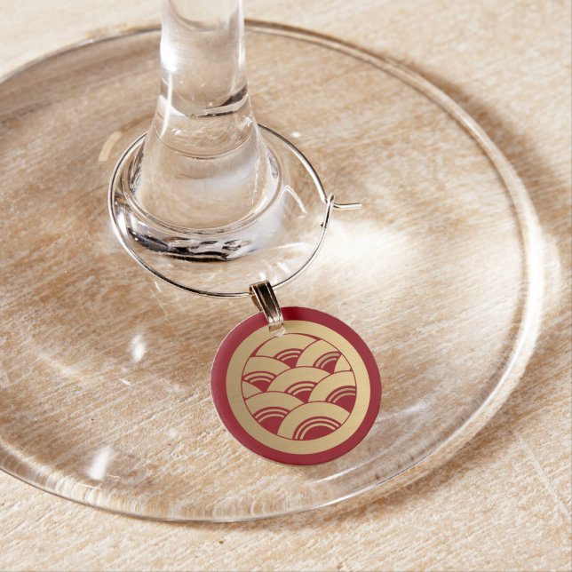 Golden Waves Japanese Kamon in faux gold Wine Glass Charm (In Situ)
