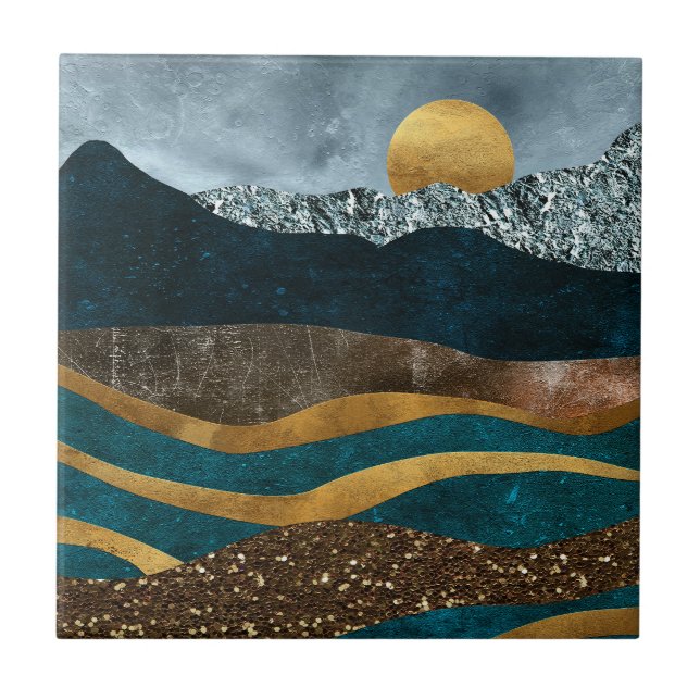 Golden Waves Under Moonlit Mountains Ceramic Tile (Front)