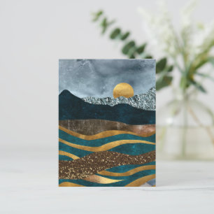 Golden Waves Under Moonlit Mountains Postcard