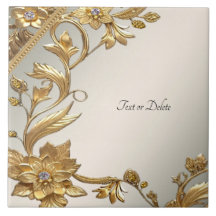 Golden Wavy Leaves Floral Ceramic Tile
