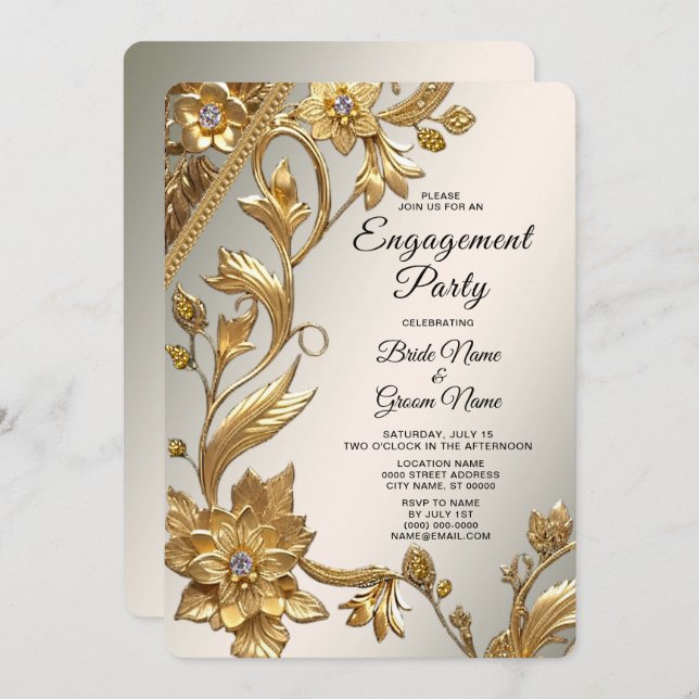 Golden Wavy Leaves Floral Engagement Invitation (Front/Back)