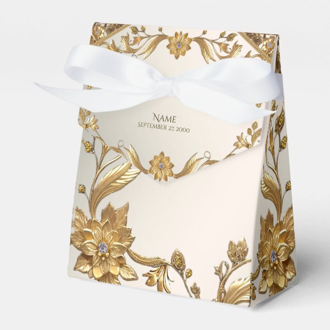 Golden Wavy Leaves Floral Favor Box (Front Side)