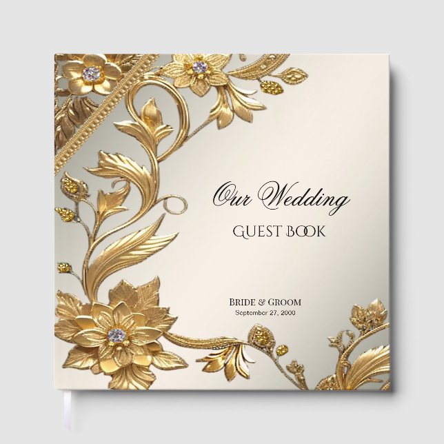Golden Wavy Leaves Floral Guest Book (Front)