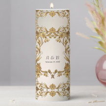 Golden Wavy Leaves Floral Pillar Candle