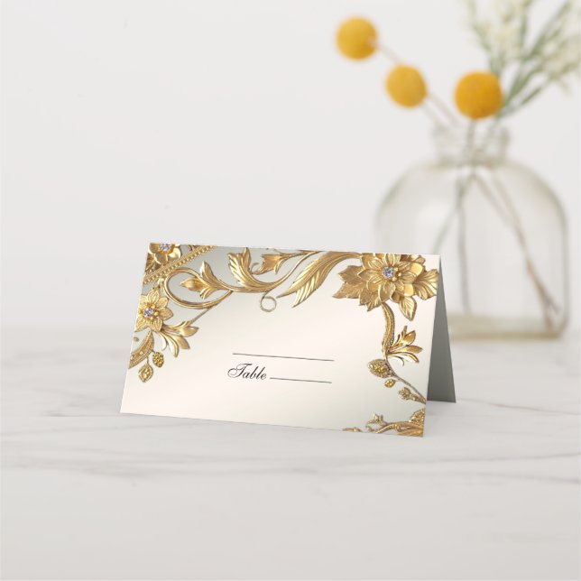 Golden Wavy Leaves Floral Place Card (Front)