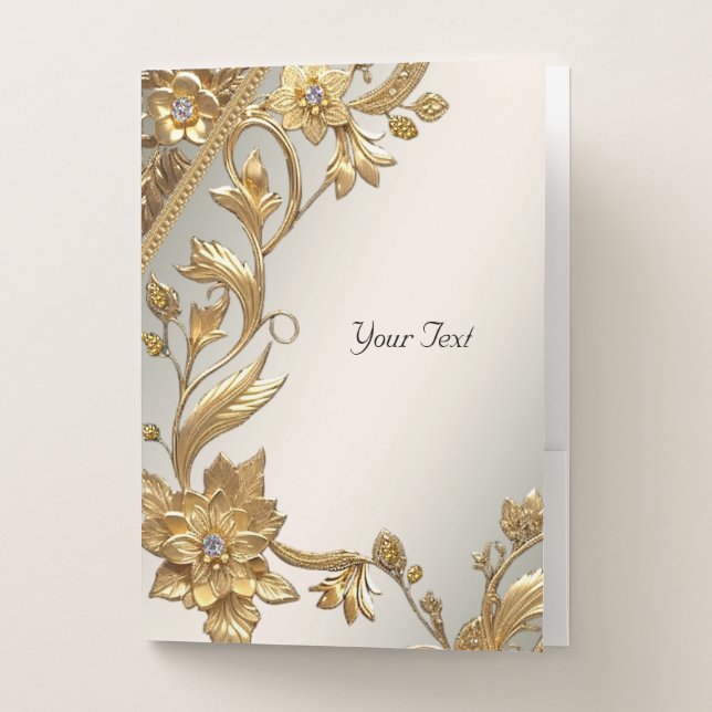 Golden Wavy Leaves Floral Pocket Folder (Front)