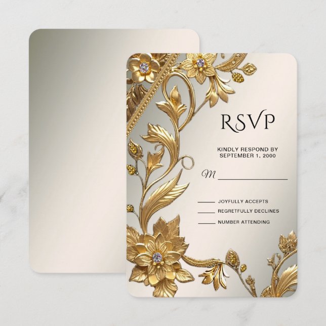 Golden Wavy Leaves Floral RSVP Card (Front/Back)