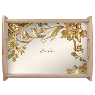 Golden Wavy Leaves Floral Serving Tray