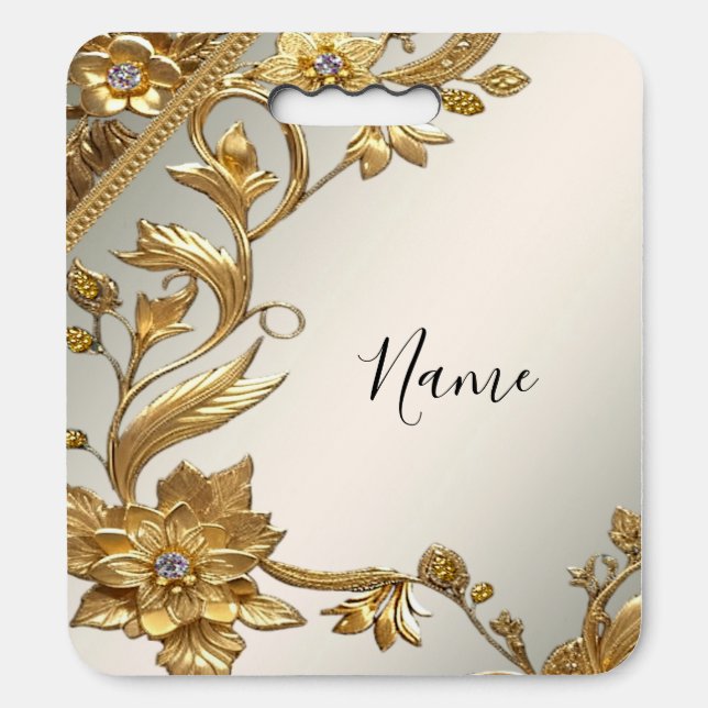 Golden Wavy Leaves Floral Stadium Seat Cushion (Front Vertical)