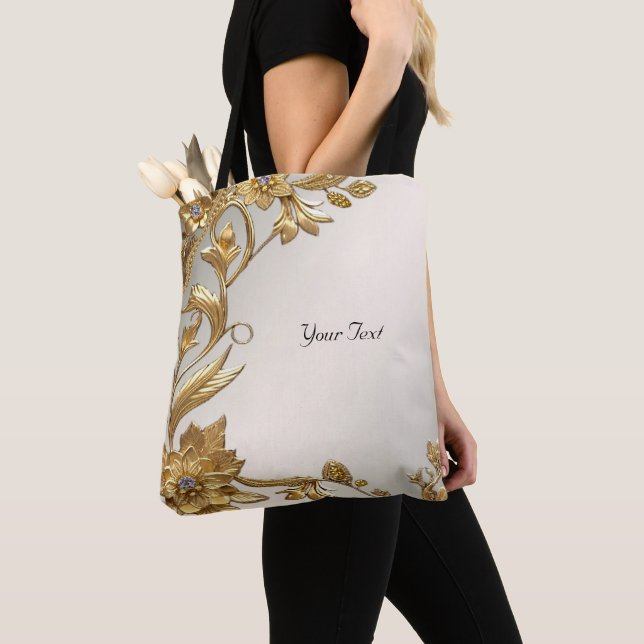 Golden Wavy Leaves Floral Tote Bag (Close Up)
