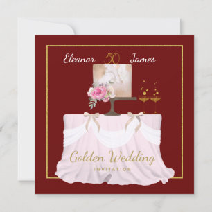 Golden Wedding 50 years Cake Names Burgundy Gold Invitation