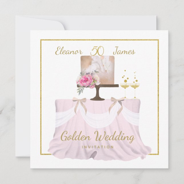 Golden Wedding 50 years Cake Names White Gold Invitation (Front)