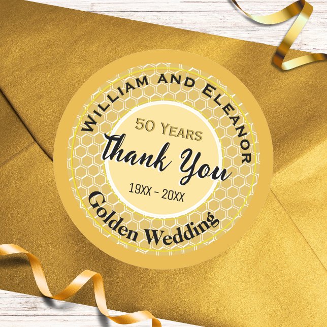 Golden Wedding 50th Anniversary Favor Thank You Classic Round Sticker (A sticker for a 50th (Golden) Wedding Anniversary with Thank You message, for envelopes, favors etc.)