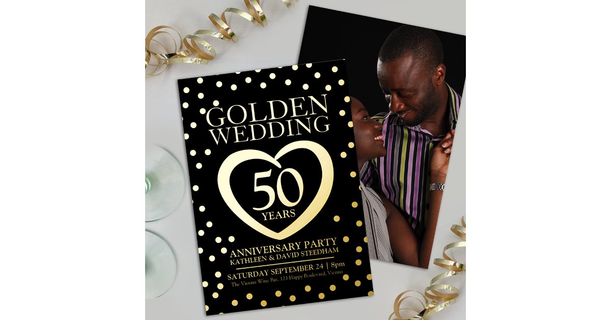Golden wedding anniversary 50th party black gold foil invitation | Zazzle