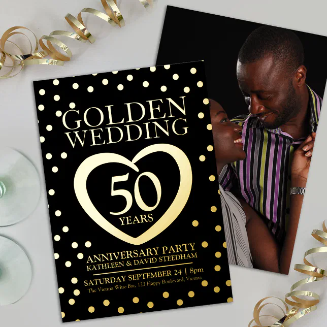 Golden wedding anniversary 50th party black gold foil invitation | Zazzle