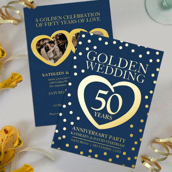 Golden Wedding Anniversary 50th Party Blue Gold Foil Invitation by mylittleedenweddings at Zazzle