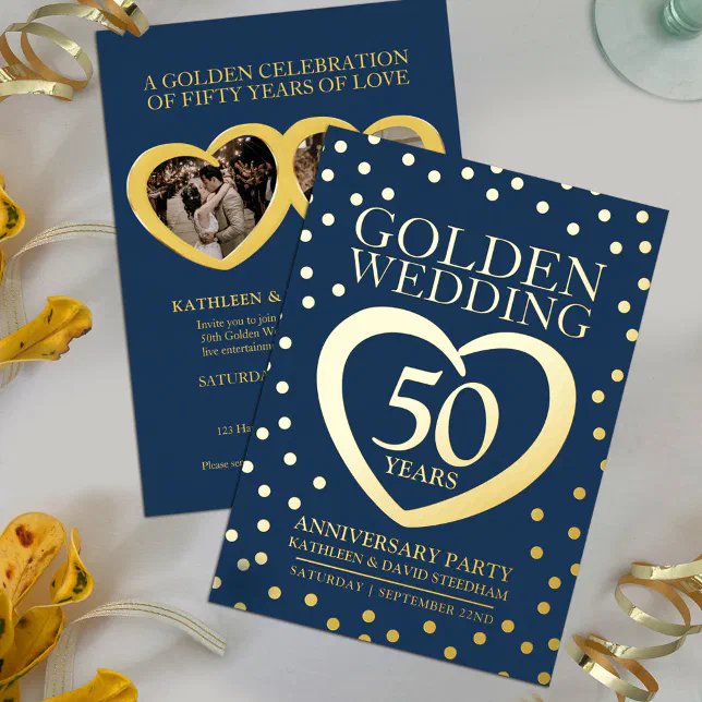 Golden wedding anniversary 50th party blue gold foil invitation | Zazzle