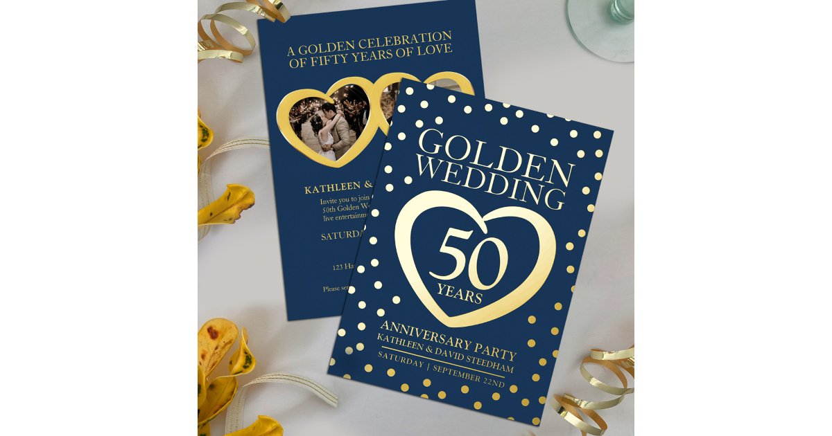 Golden wedding anniversary 50th party blue gold foil invitation | Zazzle