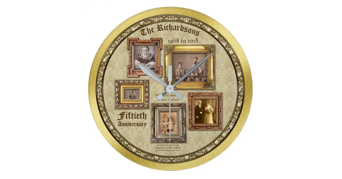 Golden Wedding Anniversary Antique Frames Collage Large Clock Zazzle Com