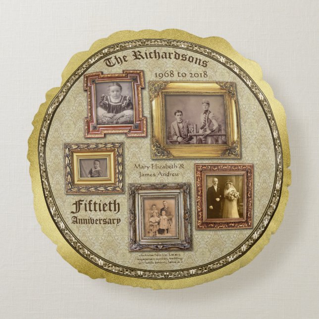 Golden Wedding Anniversary Antique Photo Collage Round Pillow (Front)