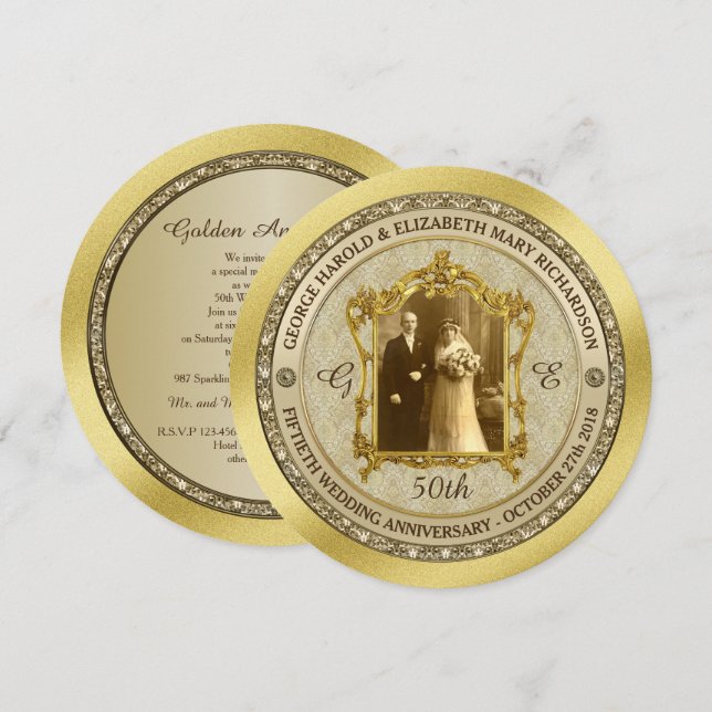 Golden Wedding Anniversary Classic Photo Frame Invitation (Front/Back)