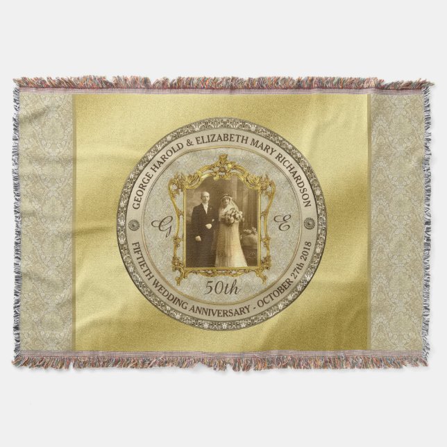 Golden Wedding Anniversary Classic Photo Frame Throw Blanket (Front)