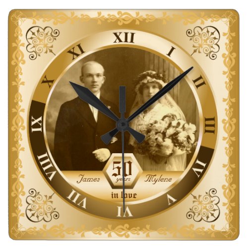 Golden Wedding Anniversary Customizable Photo Gift Square Wall Clock