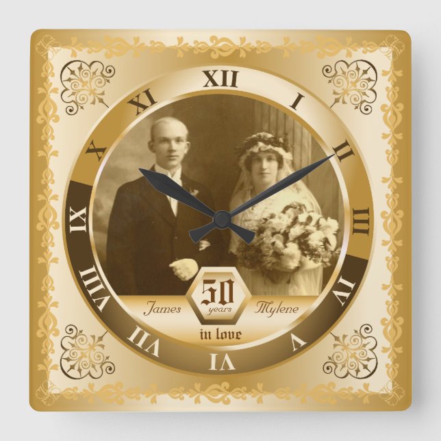 Golden Wedding Anniversary Customizable Photo Gift Square Wall Clock (Front)