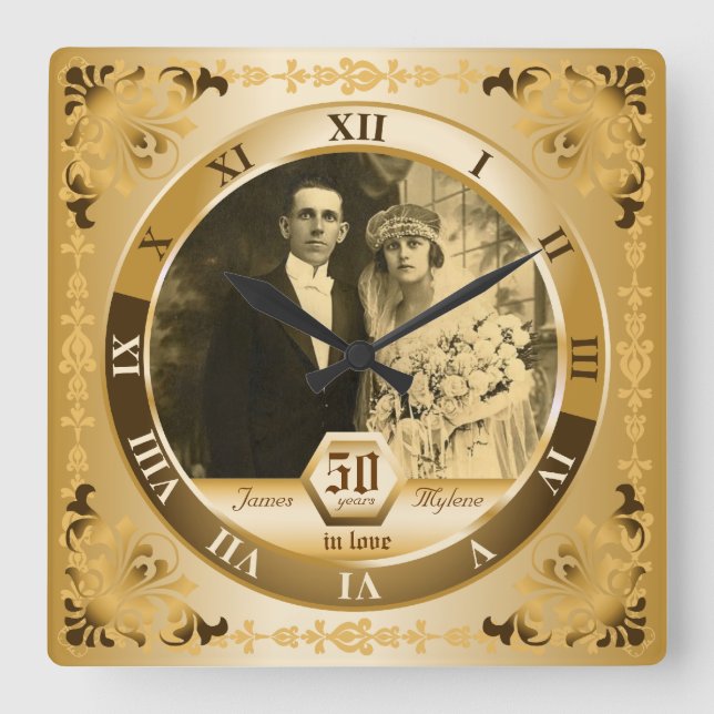 Golden Wedding Anniversary Customizable Photo Gift Square Wall Clock (Front)