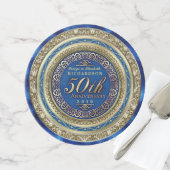 Golden Wedding Anniversary Faux Gold Royal Blue Cake Stand (Front)