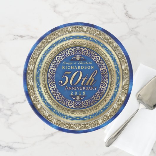 Golden Wedding Anniversary Faux Gold Royal Blue Cake Stand (Front)
