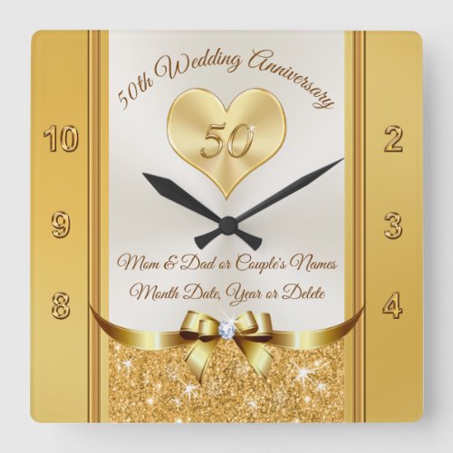 Golden Wedding Anniversary Gift Ideas for Parents Square Wall Clock