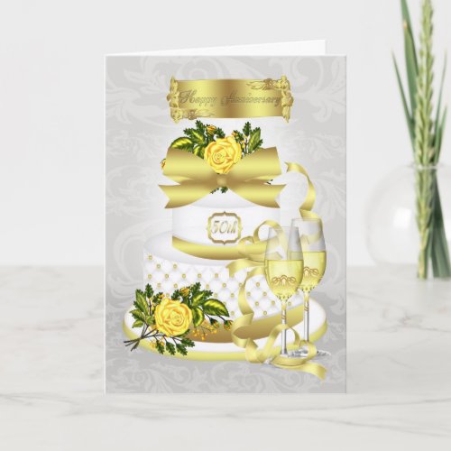 Golden Wedding Anniversary Greeting Card With Cake