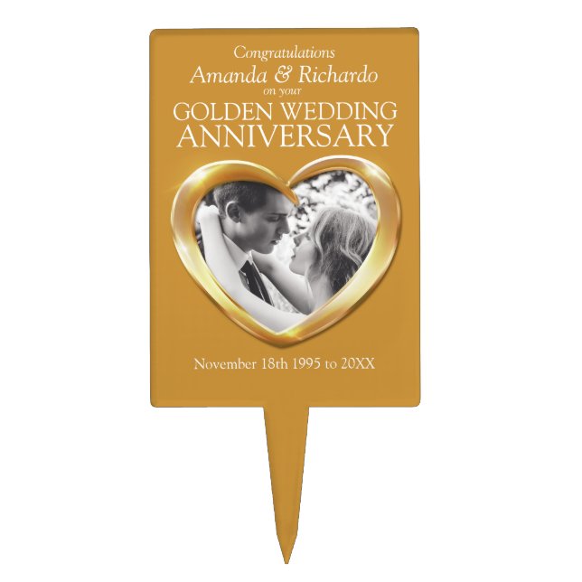 Golden wedding anniversary heart 50 years photo cake topper (Front)