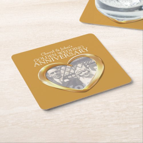 Golden wedding anniversary heart photo coasters