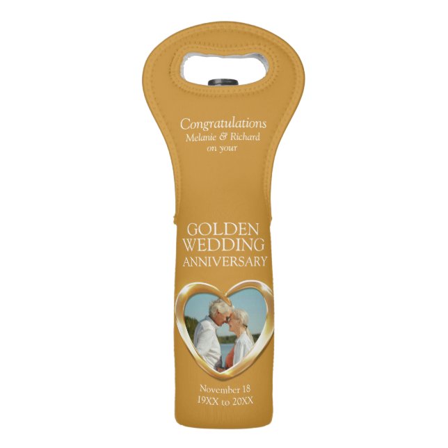 Golden wedding anniversary heart photo wine bag (Back)